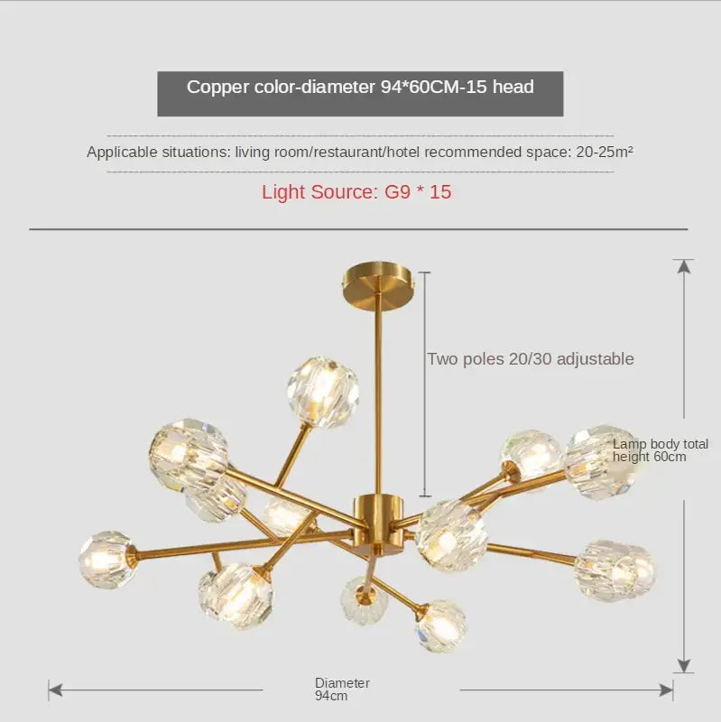 Modern gold crystal led chandelier dining room sphere light with copper finish 15 crystal globe lights and adjustable poles decorbites crystal led