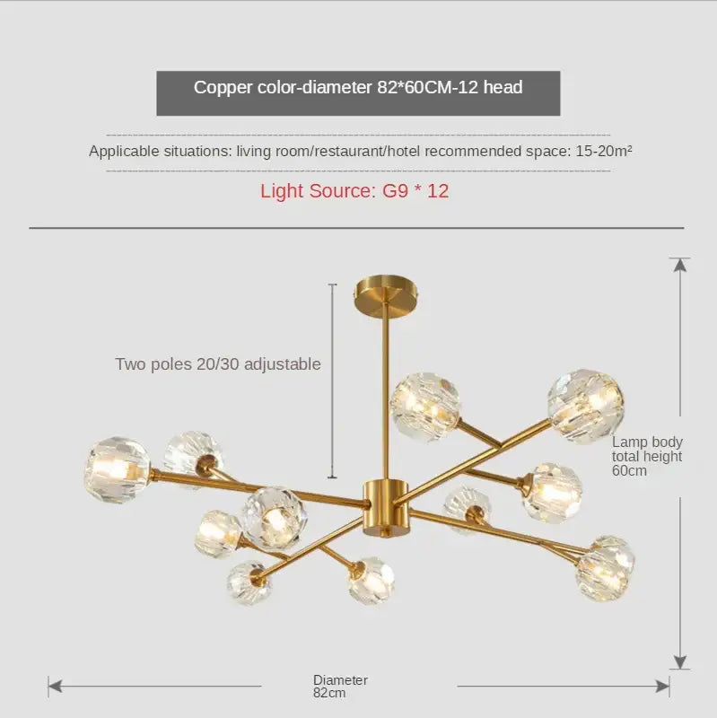 Modern gold crystal led chandelier with twelve globe lights and adjustable arms for dining room decorbites crystal led lighting