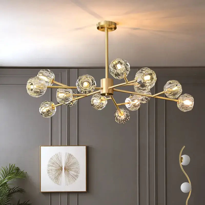 Modern gold crystal led chandelier with faceted crystal spheres and brass fixture ideal for dining room decorbites crystal led