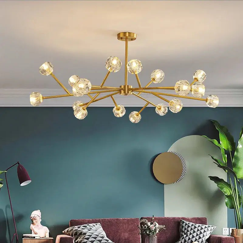 Modern gold crystal led chandelier with multiple globe bulbs in branching design for dining room decorbites crystal led