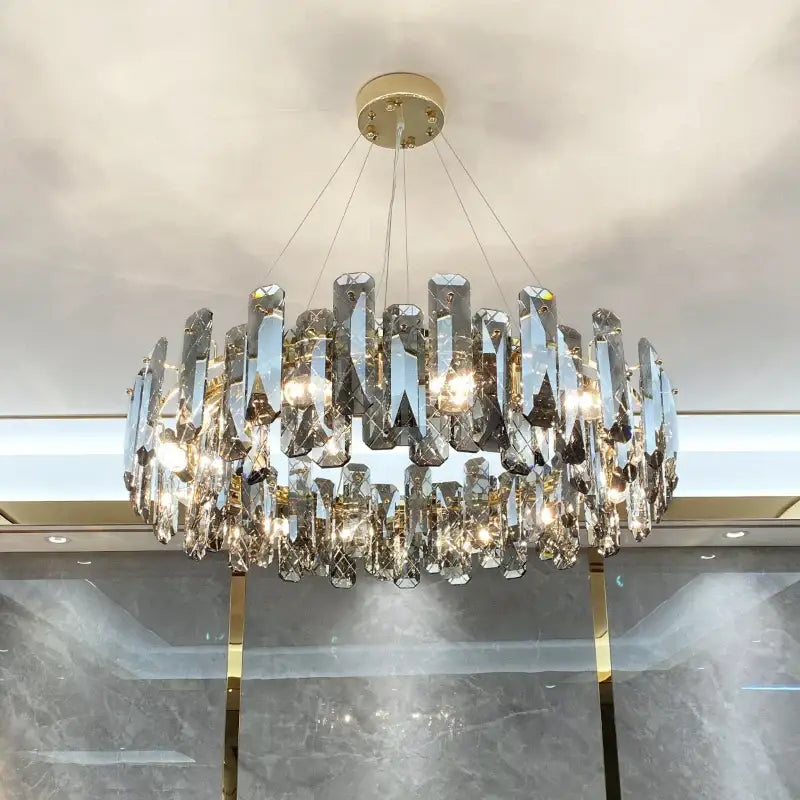 A modern gold crystal led chandelier for dining room with decorbites crystal led faceted clear crystals in concentric rings