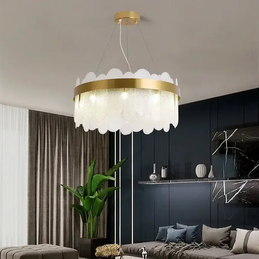 A modern gold crystal led chandelier with frosted glass petals and metal frame for living room decorbites crystal led