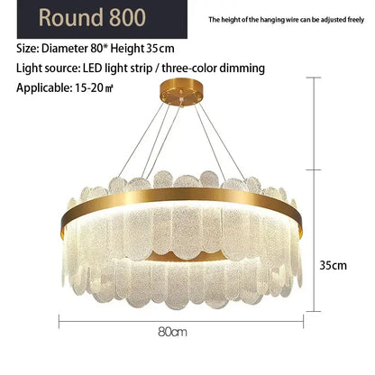 Gold-toned circular decorbites crystal led chandelier with frosted glass petals and three-color dimming for living room decor