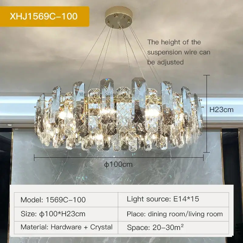 Modern gold crystal led chandelier with circular design featuring clear and gold-toned faceted crystals by decorbites crystal led