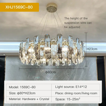Modern gold decorbites crystal led chandelier with faceted crystal elements and metallic frame for living room light decor
