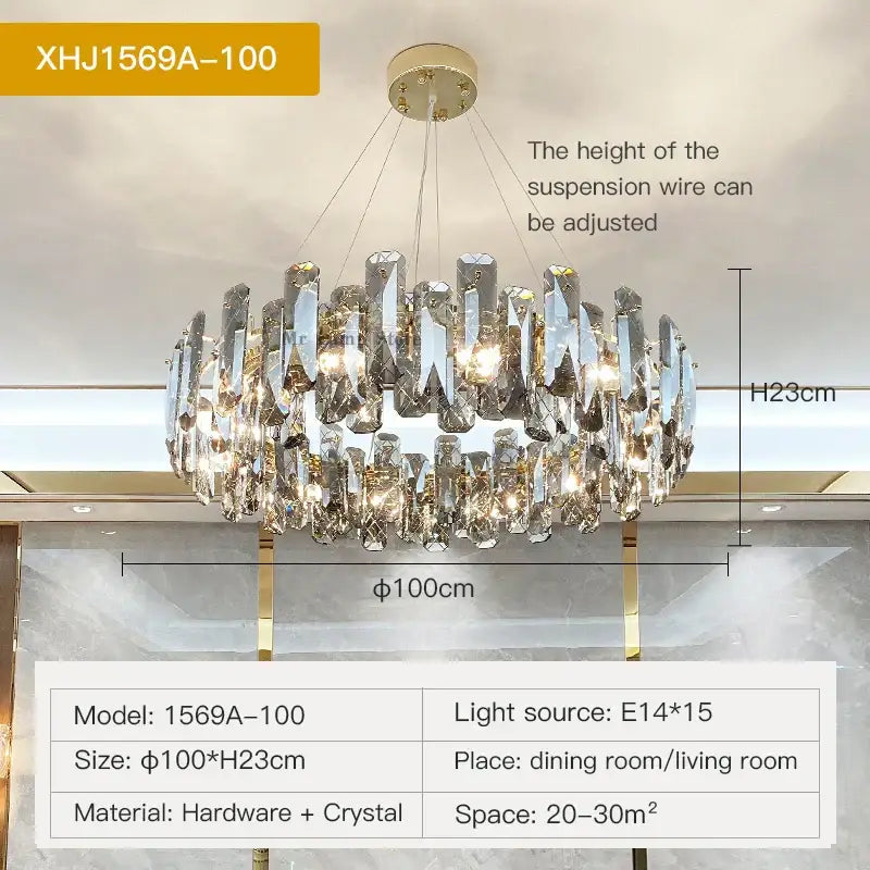 A modern gold crystal led chandelier with cascading crystal prisms and metal frame for living room decorbites crystal led