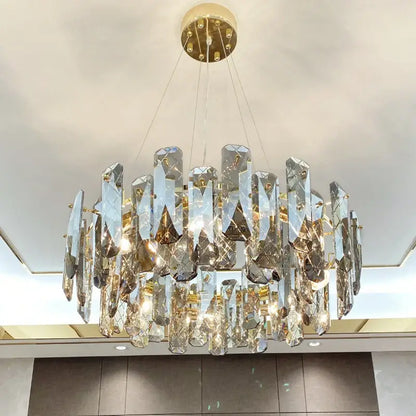 Modern gold crystal led chandelier with faceted transparent glass pieces by decorbites for elegant living room decorbites crystal led
