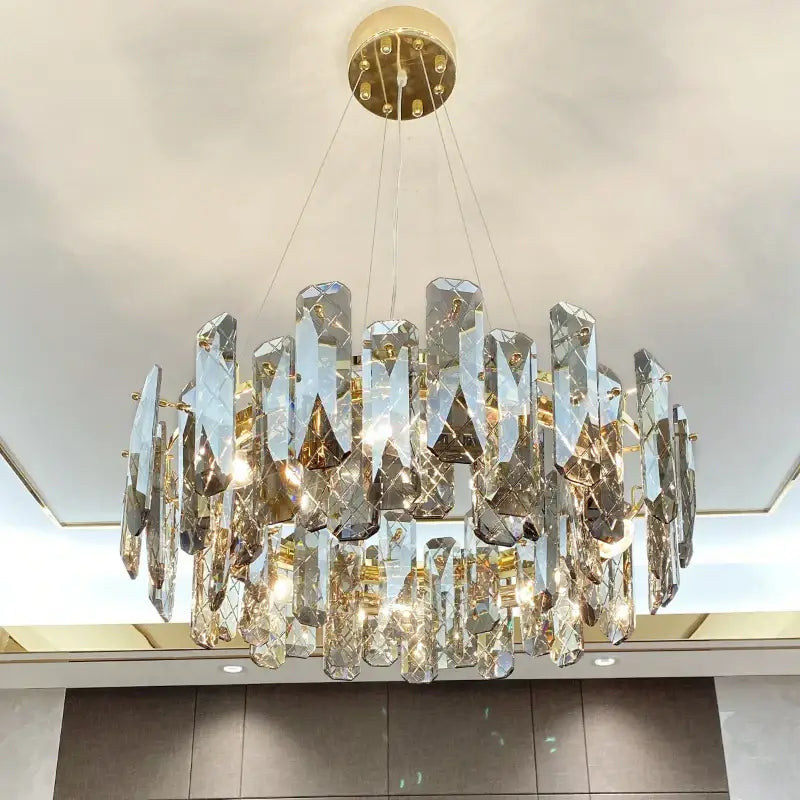 Modern gold crystal led chandelier with faceted transparent glass pieces by decorbites for elegant living room decorbites crystal led