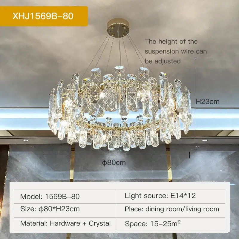 A modern gold crystal led chandelier with cascading clear prisms by decorbites crystal led model xhj1569b-80