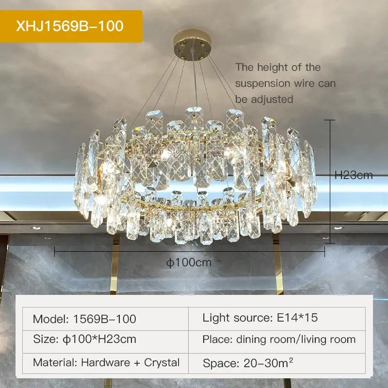 Modern gold crystal led chandelier with cascading crystal prisms for living room decorbites crystal led model xhj1569b-100