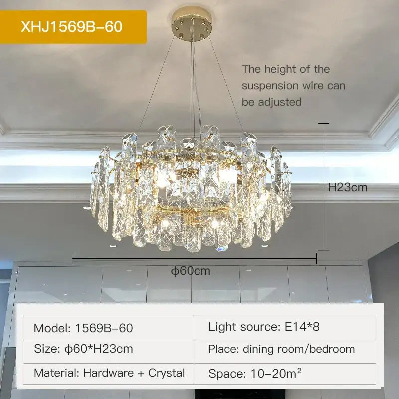 A modern gold crystal led chandelier with a gold-toned frame and clear faceted crystals decorbites crystal led model xhj1569b-60