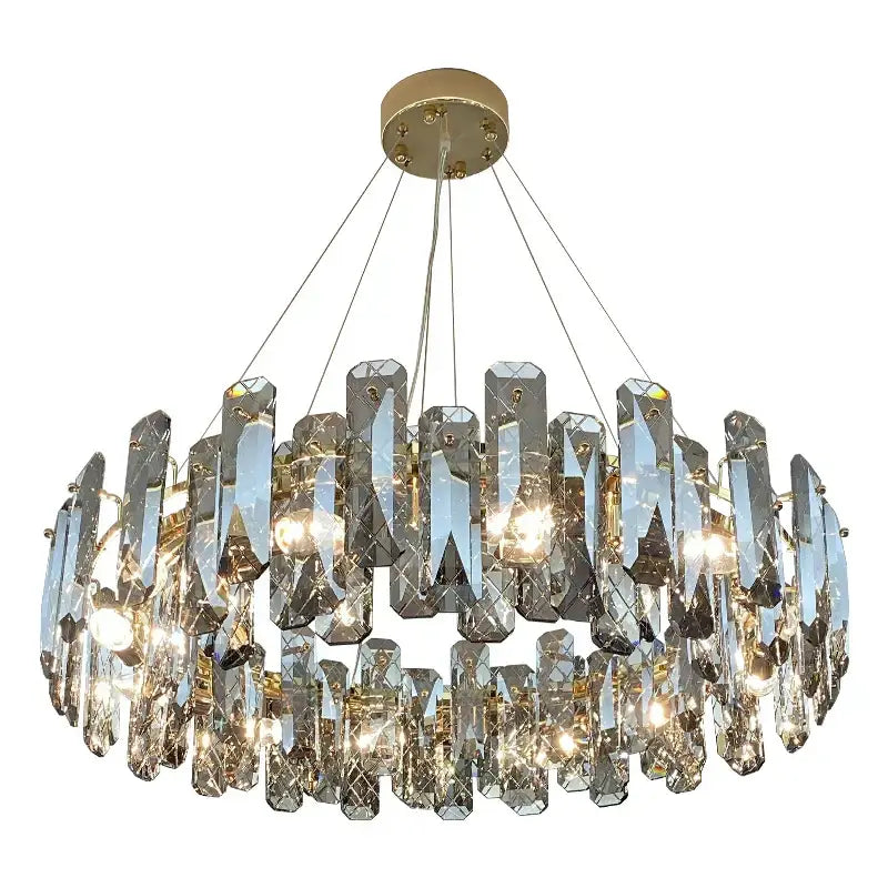Modern gold crystal led chandelier with multiple tiers of faceted prisms by decorbites crystal led for living room decor