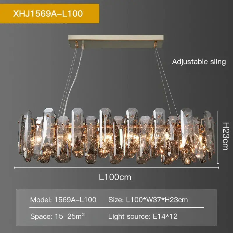 A modern gold crystal led chandelier with metallic frame and hanging glass prisms by decorbites crystal led