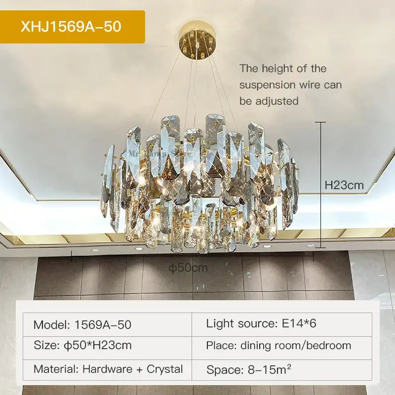 Modern gold crystal led chandelier by decorbites features cascading faceted crystals in a gold-toned frame for living room decor