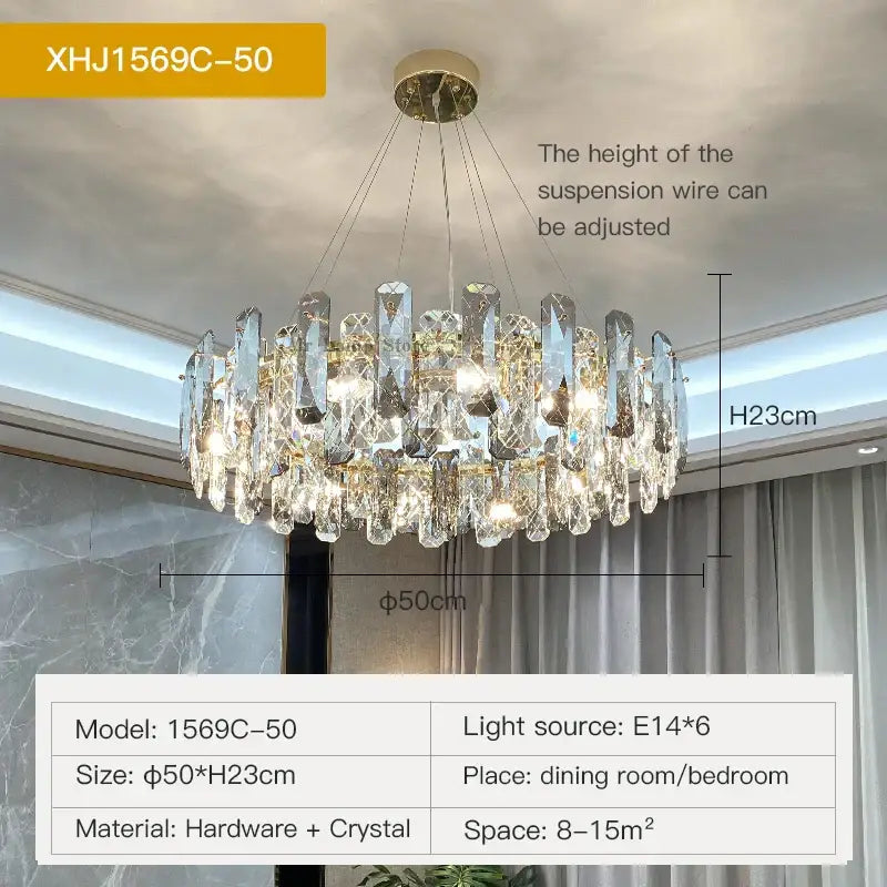 A modern gold crystal led chandelier with clear faceted crystals for living room decor by decorbites crystal led model xhj1569c-50
