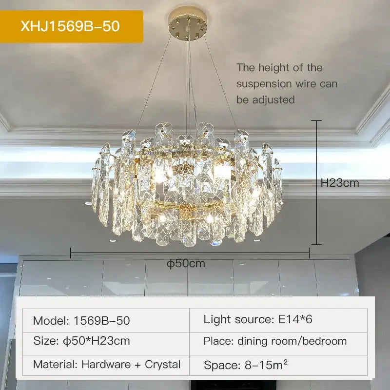 Modern gold crystal led chandelier with cascading prisms and circular frame for dining room decorbites crystal led