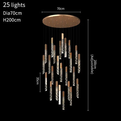 Modern gold crystal led chandelier with 25 lights and bronze circular mount featuring decorbites crystal led rods