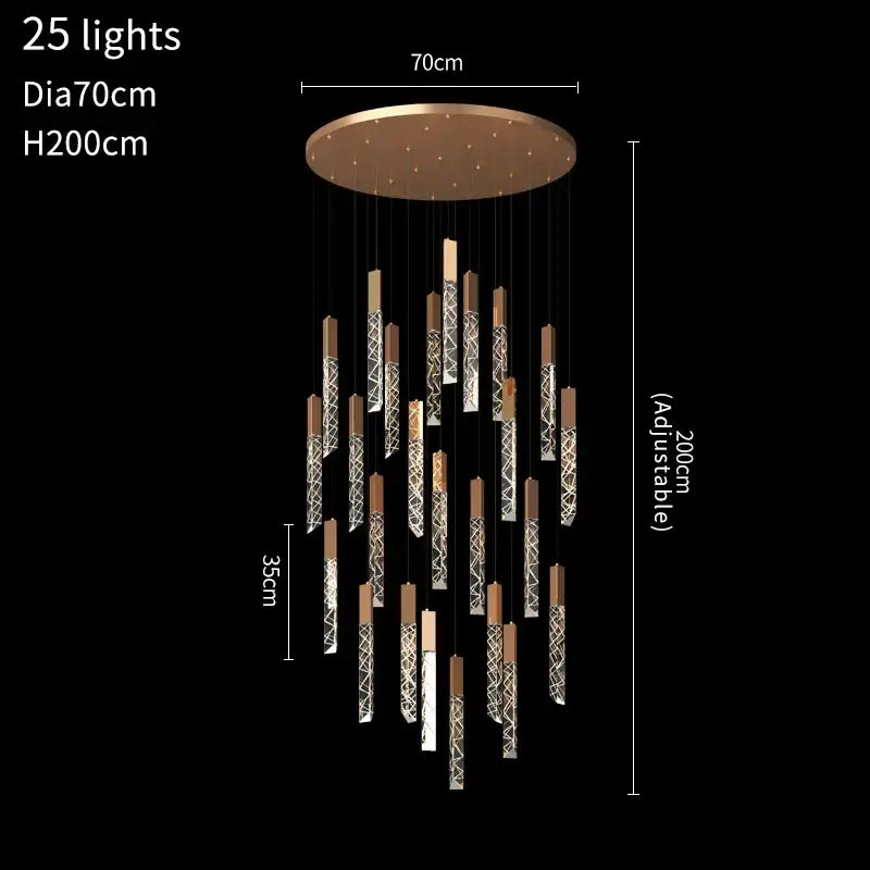 Modern gold crystal led chandelier with 25 lights and bronze circular mount featuring decorbites crystal led rods