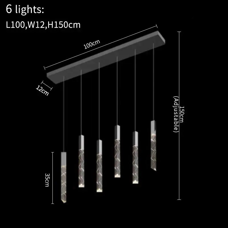 Modern gold crystal led chandelier with six adjustable black glass cylinders featuring swirling patterns by decorbites crystal led