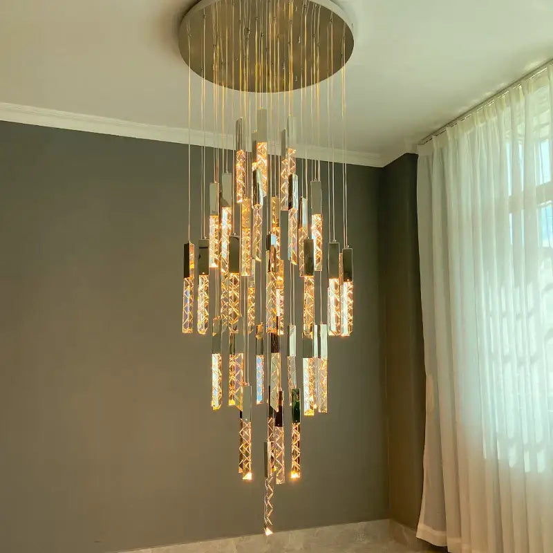 Modern gold crystal led chandelier with circular gold mount and hanging crystal rods for living room decorbites crystal led