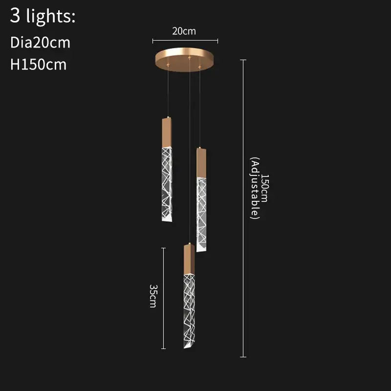 Modern gold crystal led chandelier with copper-toned pendant and three adjustable geometric glass rods by decorbites crystal led