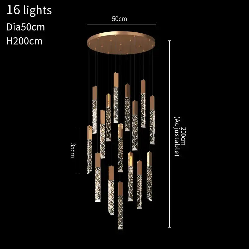 Modern gold crystal led chandelier with 16 adjustable copper-toned led lights featuring geometric patterns by decorbites crystal led