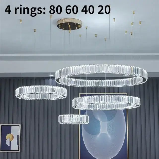 Modern gold crystal led chandelier rings with four concentric faceted crystals in polished metal for villa staircase decorbites crystal led