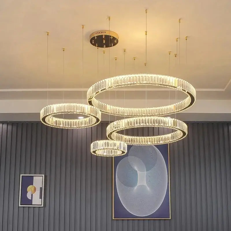 Modern gold crystal led chandelier rings with faceted crystals and sleek metal frame for villa staircase decorbites crystal led