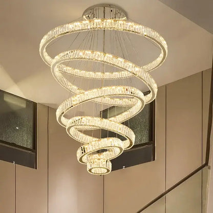 Modern gold spiral decorbites crystal led chandelier rings with faceted crystals for villa staircase decor