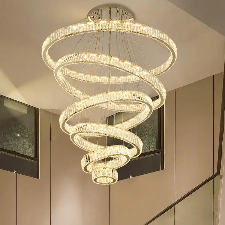 Modern gold spiral decorbites crystal led chandelier rings with faceted crystals for villa staircase decor