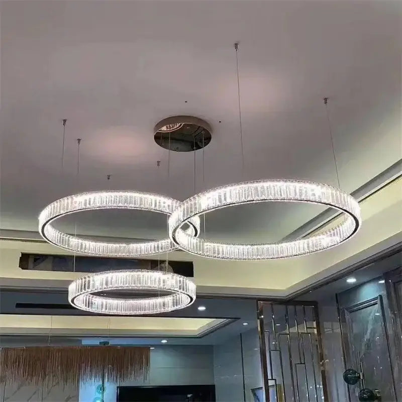 Modern gold crystal led chandelier rings with three interlocking faceted crystal rings for villa staircase decorbites crystal led