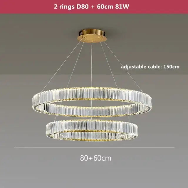 Modern gold crystal led chandelier rings with double-ring metal frames and faceted rods for villa staircase decorbites crystal led