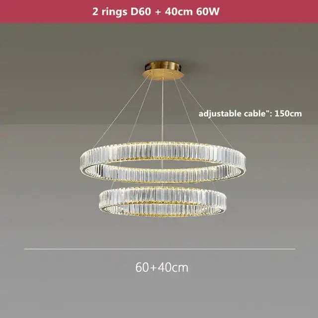 Modern gold crystal led chandelier rings with two concentric crystal rods illuminated by 60w led for villa staircase decorbites crystal led