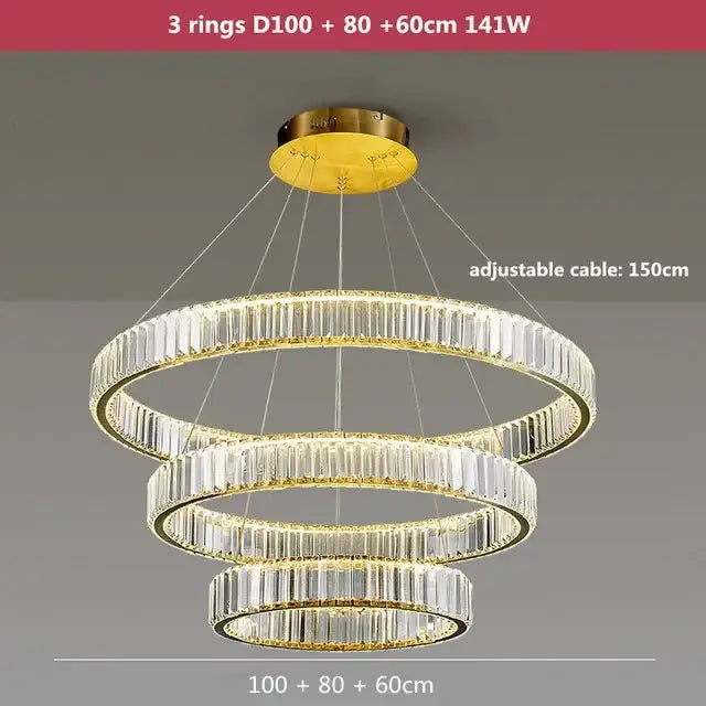 Modern gold crystal led chandelier rings with three concentric crystal segments illuminated by led lights for villa staircase decorbites crystal led