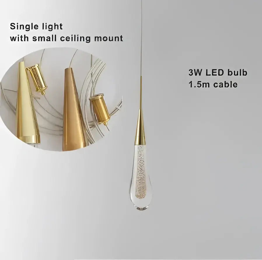Modern gold crystal led chandelier teardrop pendant light with gold-toned metal and clear sparkling decorbites crystal led body