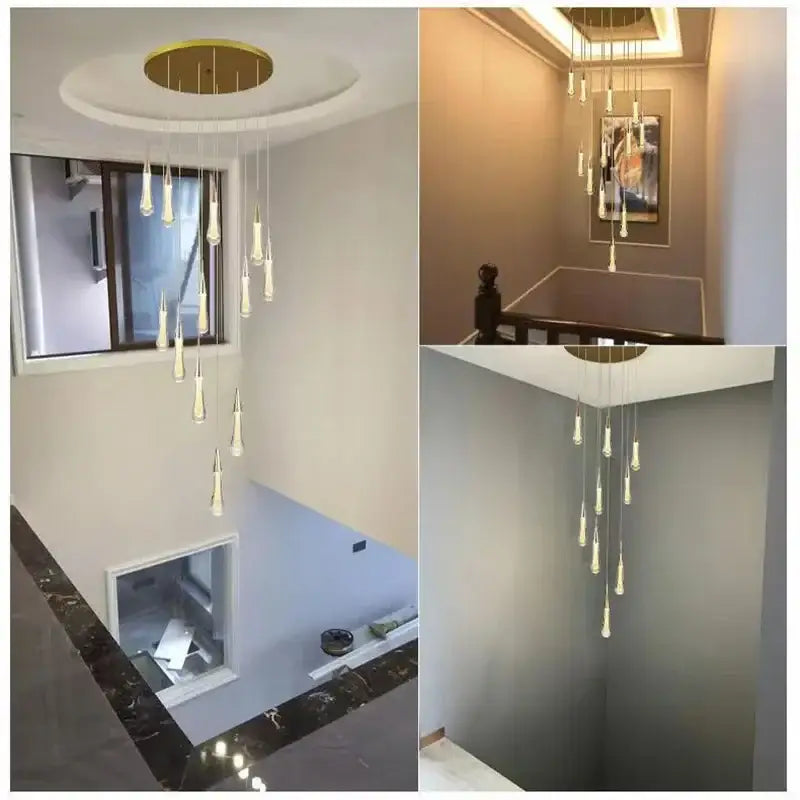 Modern gold crystal led chandelier with multiple teardrop glass pendants for elegant dining room decorbites crystal led light