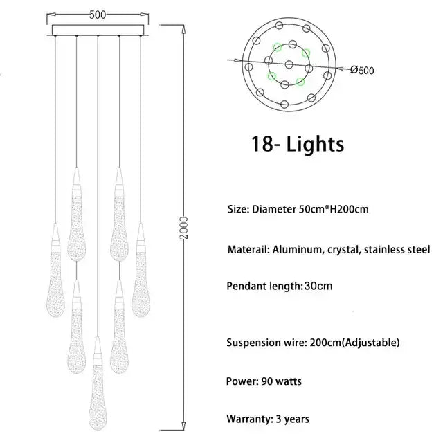 Modern gold crystal led chandelier with 18 lights, circular aluminum frame, crystal droplets, and stainless steel decorbites crystal led design