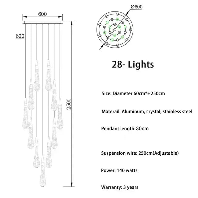 Modern gold crystal led chandelier with 28 teardrop pendants on aluminum stainless steel top for dining room decorbites crystal led