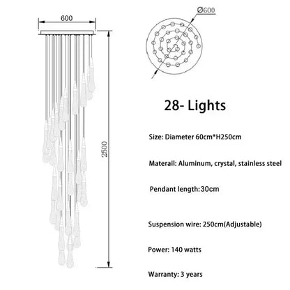 Modern gold decorbites crystal led chandelier with 28 cascading crystal teardrop pendants on aluminum frame