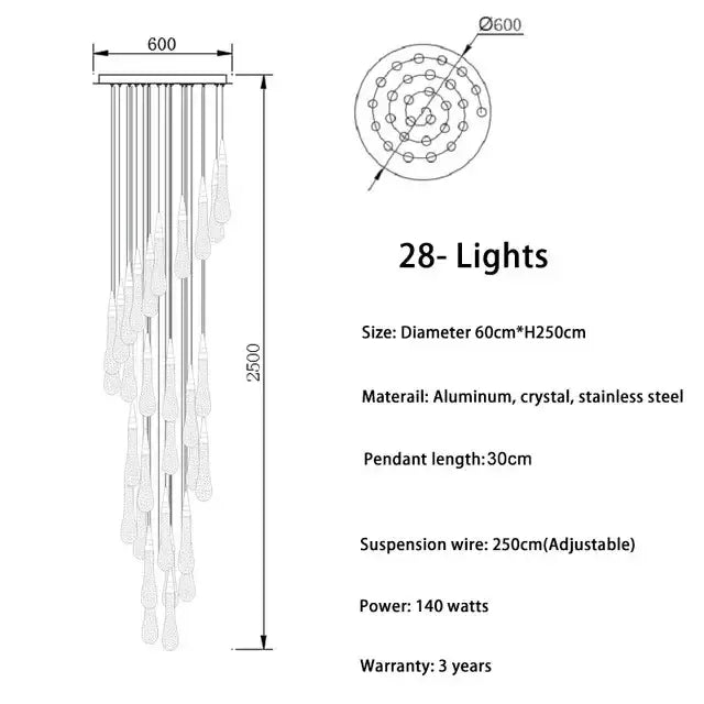 Modern gold decorbites crystal led chandelier with 28 cascading crystal teardrop pendants on aluminum frame