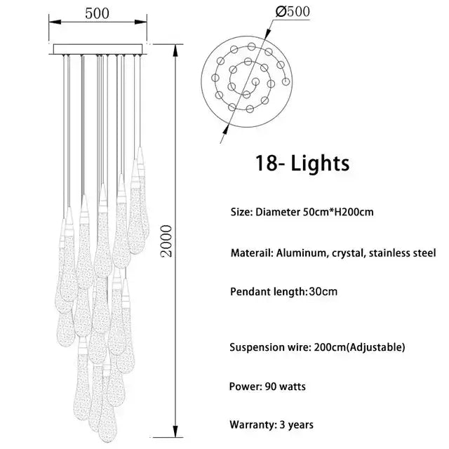 Elegant modern gold crystal led chandelier pendant light with 18 cascading teardrop crystals on stainless steel frame