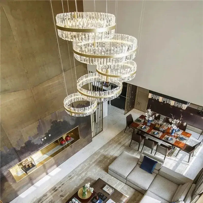 Modern gold crystal led circle pendant living room chandelier with multi-tiered spiral design and clear crystal elements