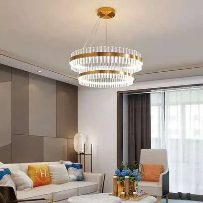 Modern gold crystal led circle pendant living room chandelier with gold-toned double-tier and clear crystal rods