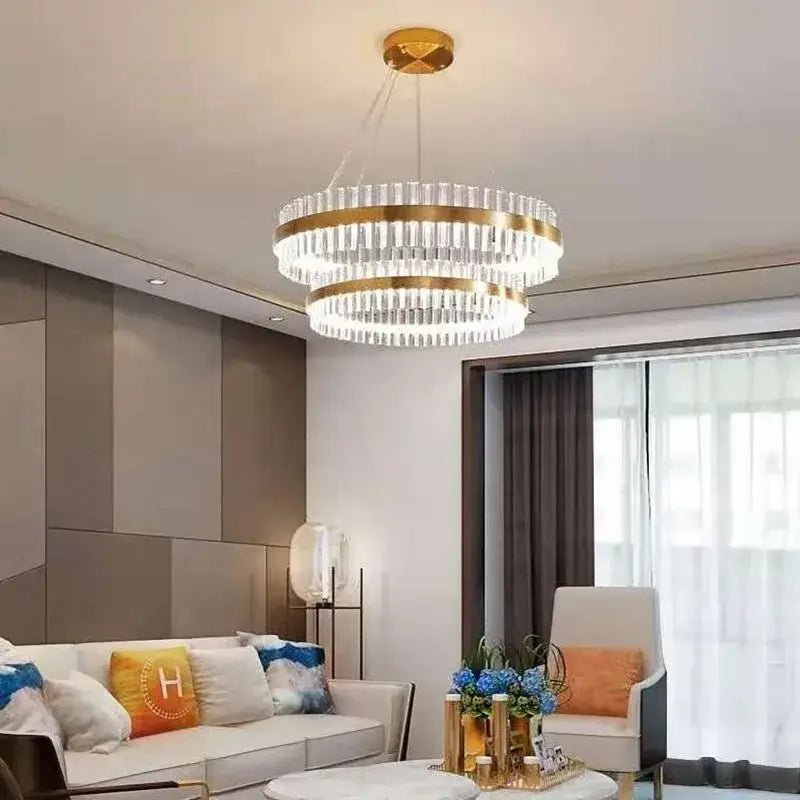 Modern gold crystal led circle pendant living room chandelier with gold-toned double-tier and clear crystal rods