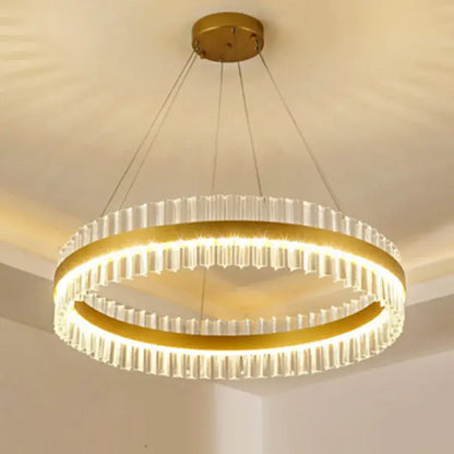 Modern gold crystal led circle pendant chandelier with clear faceted crystal rods in two concentric rings for living room decorbites crystal led