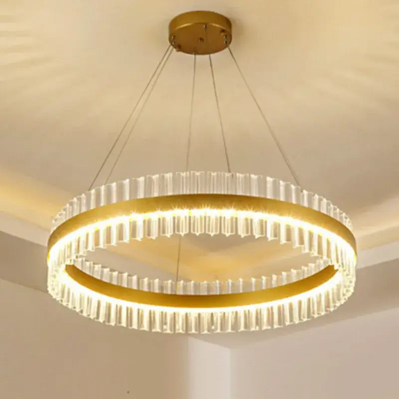 Modern gold crystal led circle pendant chandelier with clear faceted crystal rods in two concentric rings for living room decorbites crystal led