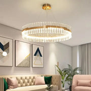 Modern gold crystal led circle pendant chandelier featuring clear crystal prisms for elegant living room decorbites crystal led design