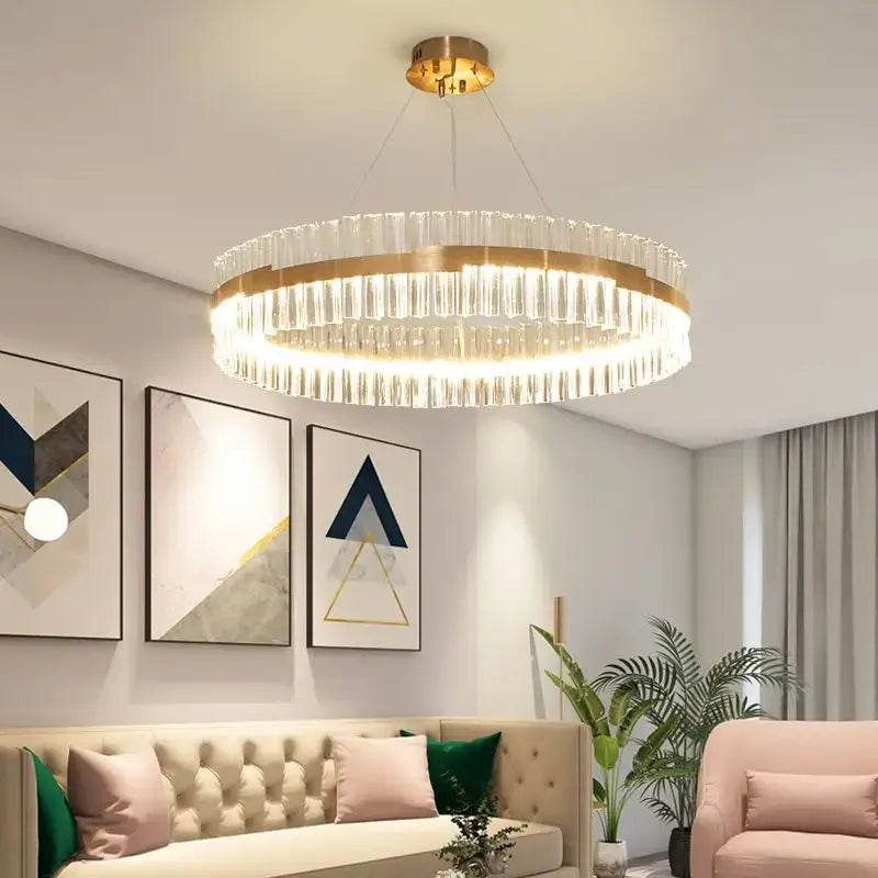 Modern gold crystal led circle pendant chandelier featuring clear crystal prisms for elegant living room decorbites crystal led design