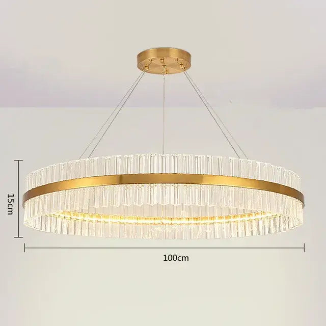 Modern gold crystal led circle pendant living room chandelier with gold-toned circular frame and clear crystal rods decorbites crystal led