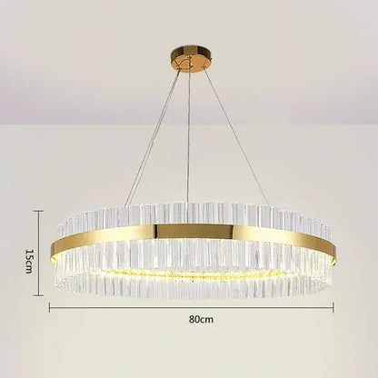 Modern gold crystal led circle pendant chandelier featuring clear crystal rods and an illuminated led circle for living room decorbites crystal led